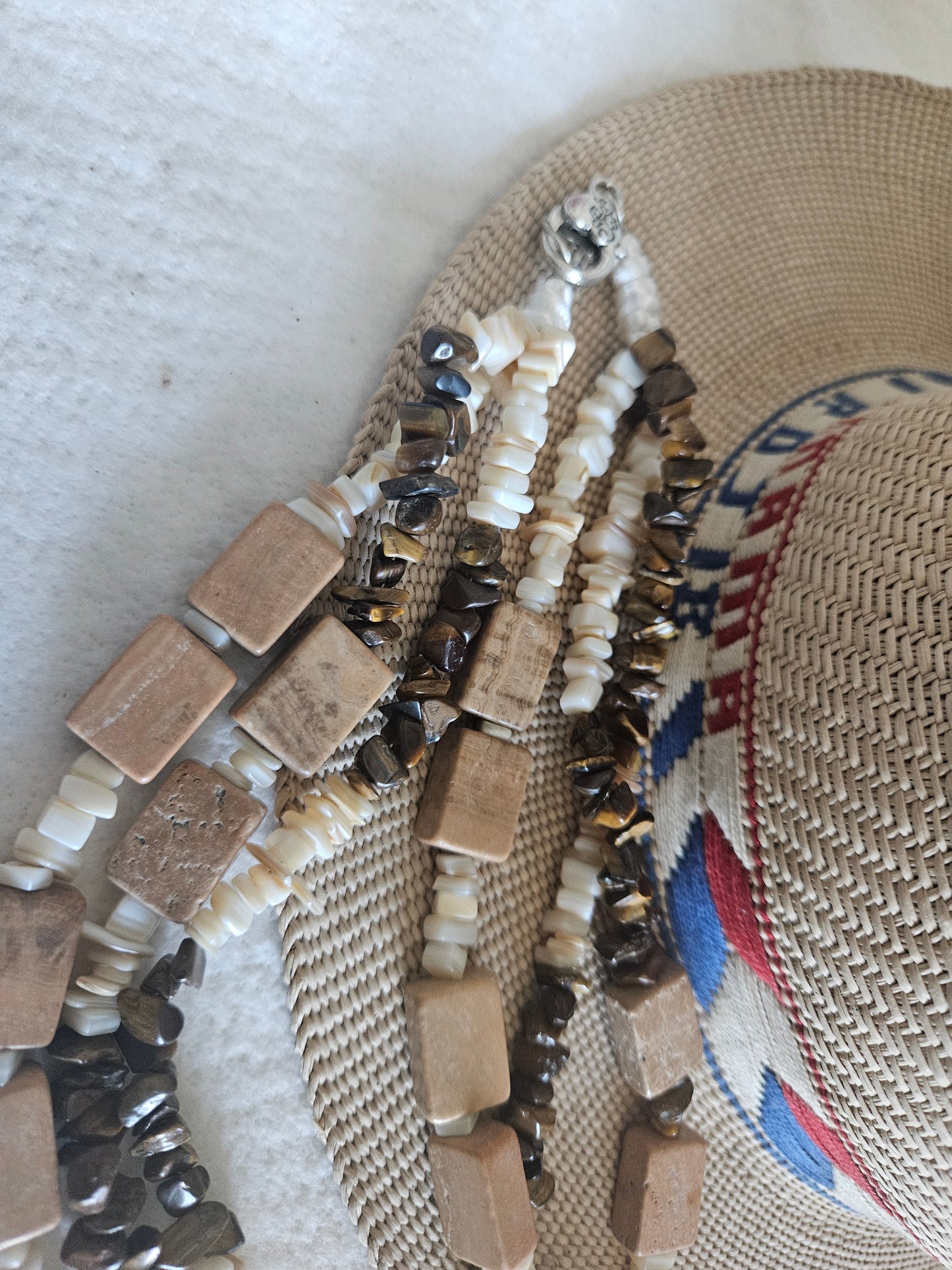 Multi Strand Tan Jasper, White Coral, and Tiger Eye Necklace