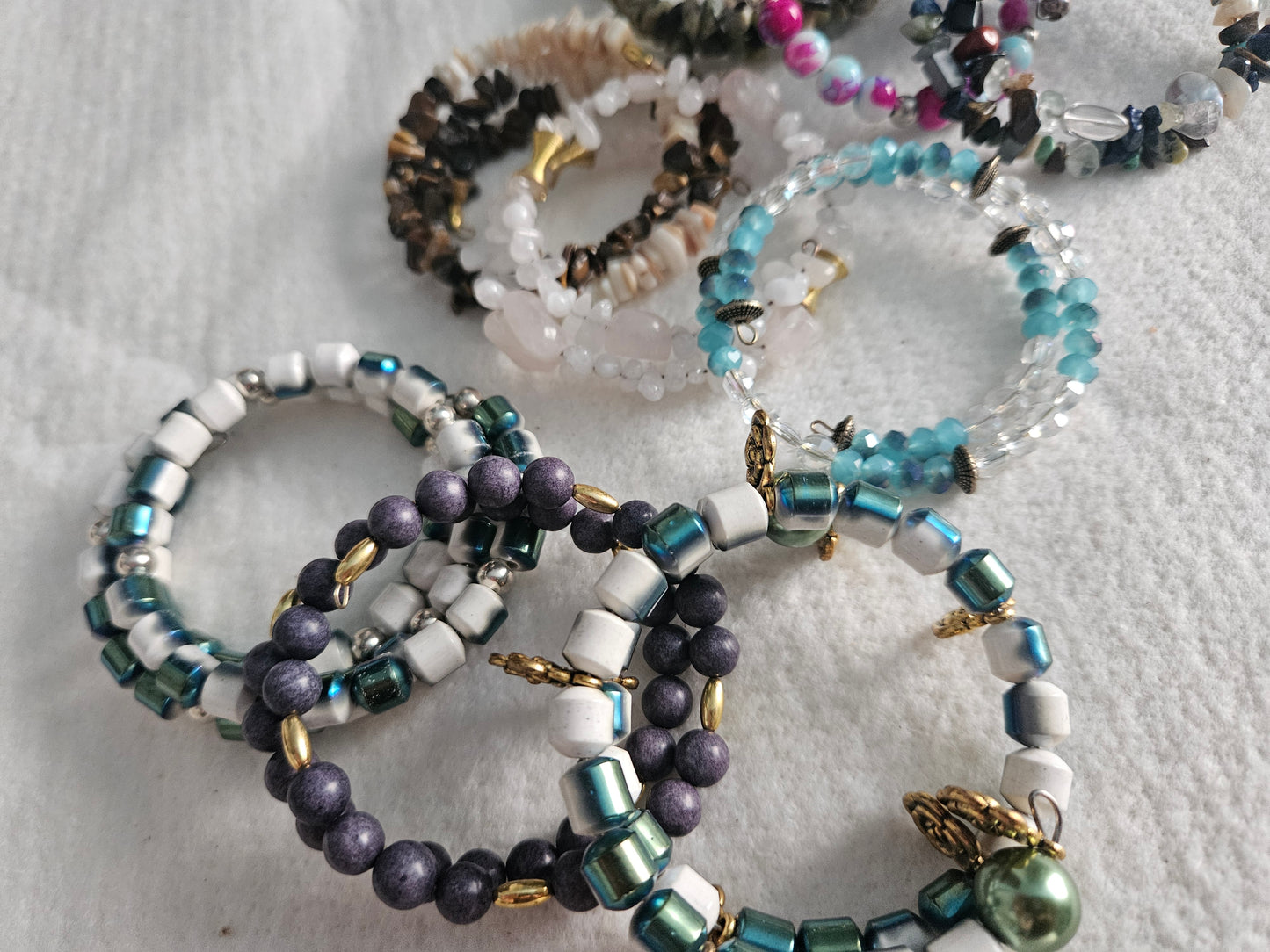Green and Brown River Stones Memory Wire Bracelets