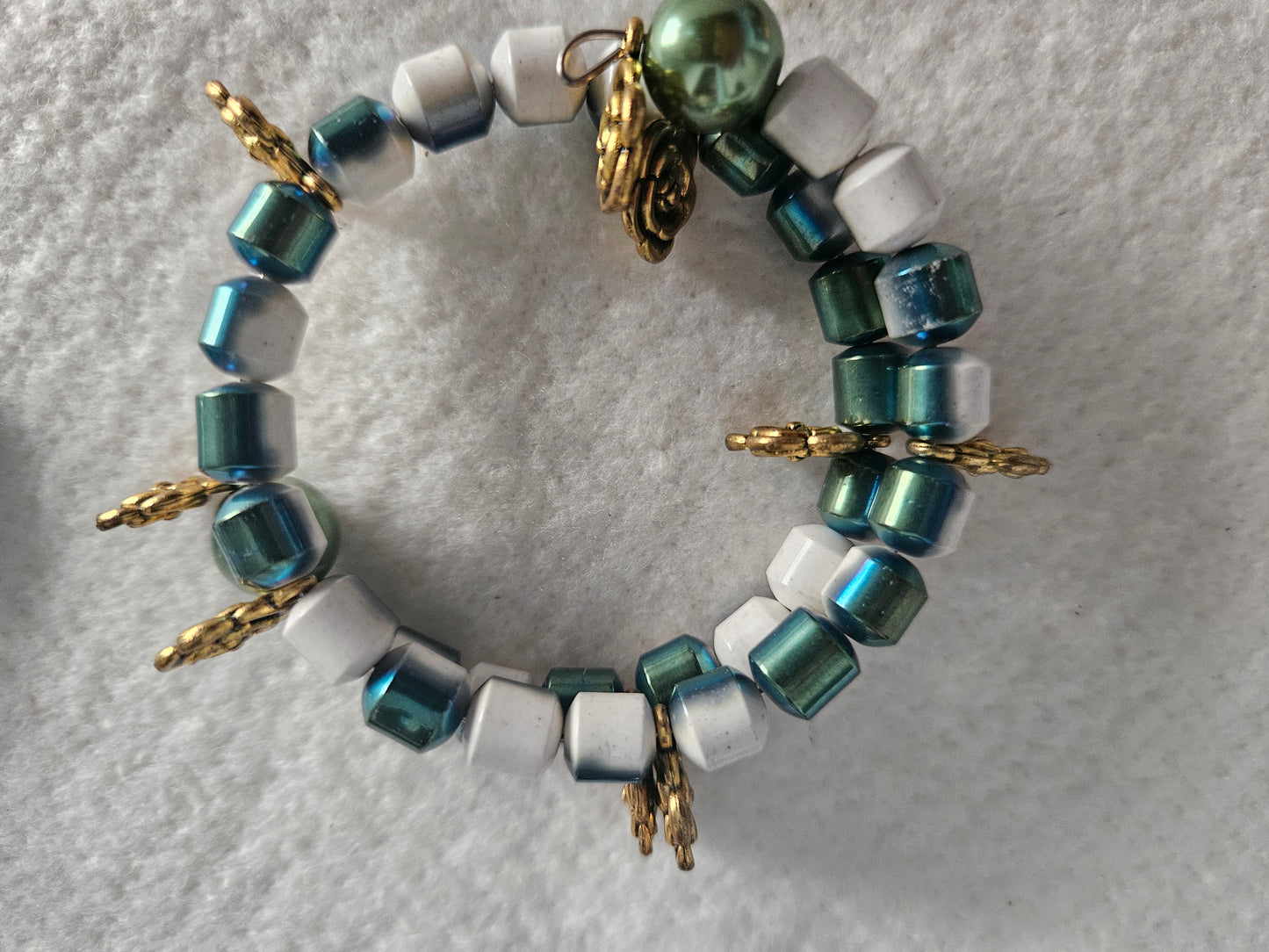 Green and White Metal Memory Wire Bracelet