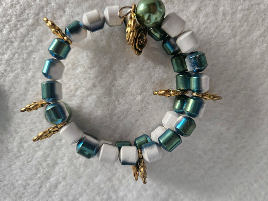 Green and White Metal Memory Wire Bracelet