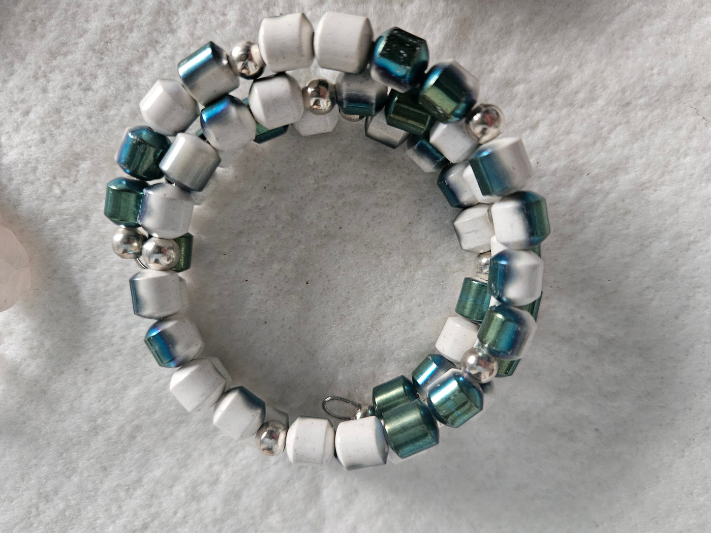 Green and White Bead Memory Wire Bracelet