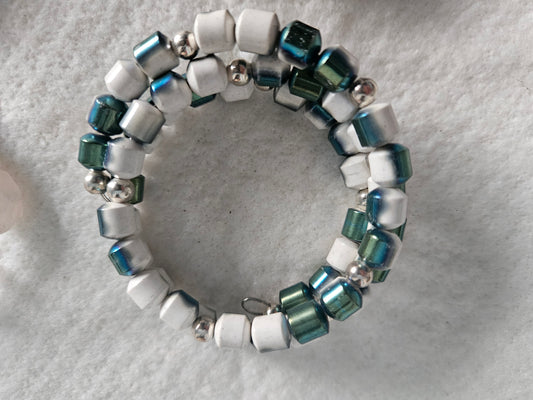 Green and White Bead Memory Wire Bracelet