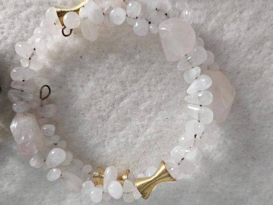 Pink and White Crystal with Gold Tone Memory Wire Bracelet
