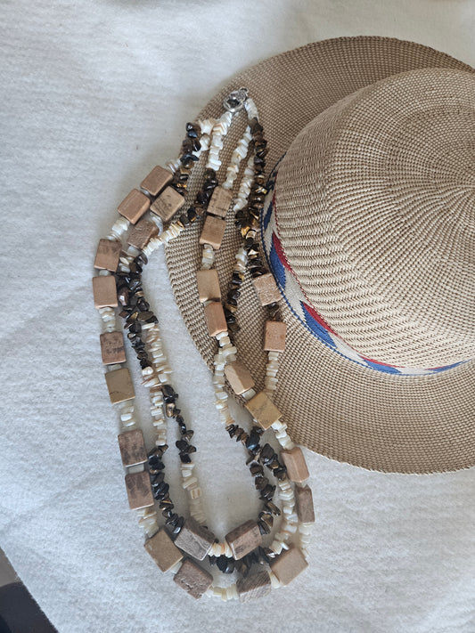 Multi Strand Tan Jasper, White Coral, and Tiger Eye Necklace
