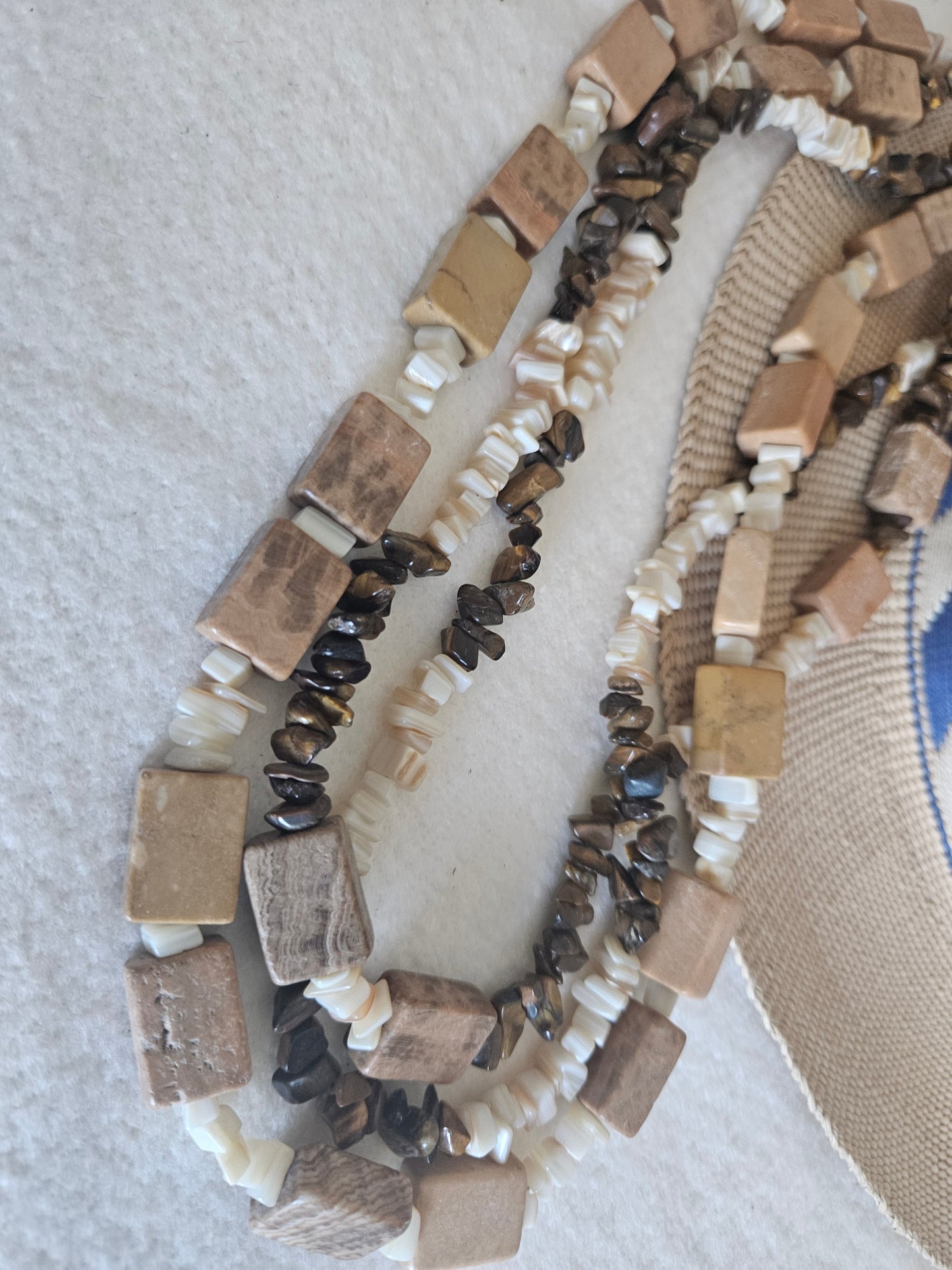 Multi Strand Tan Jasper, White Coral, and Tiger Eye Necklace