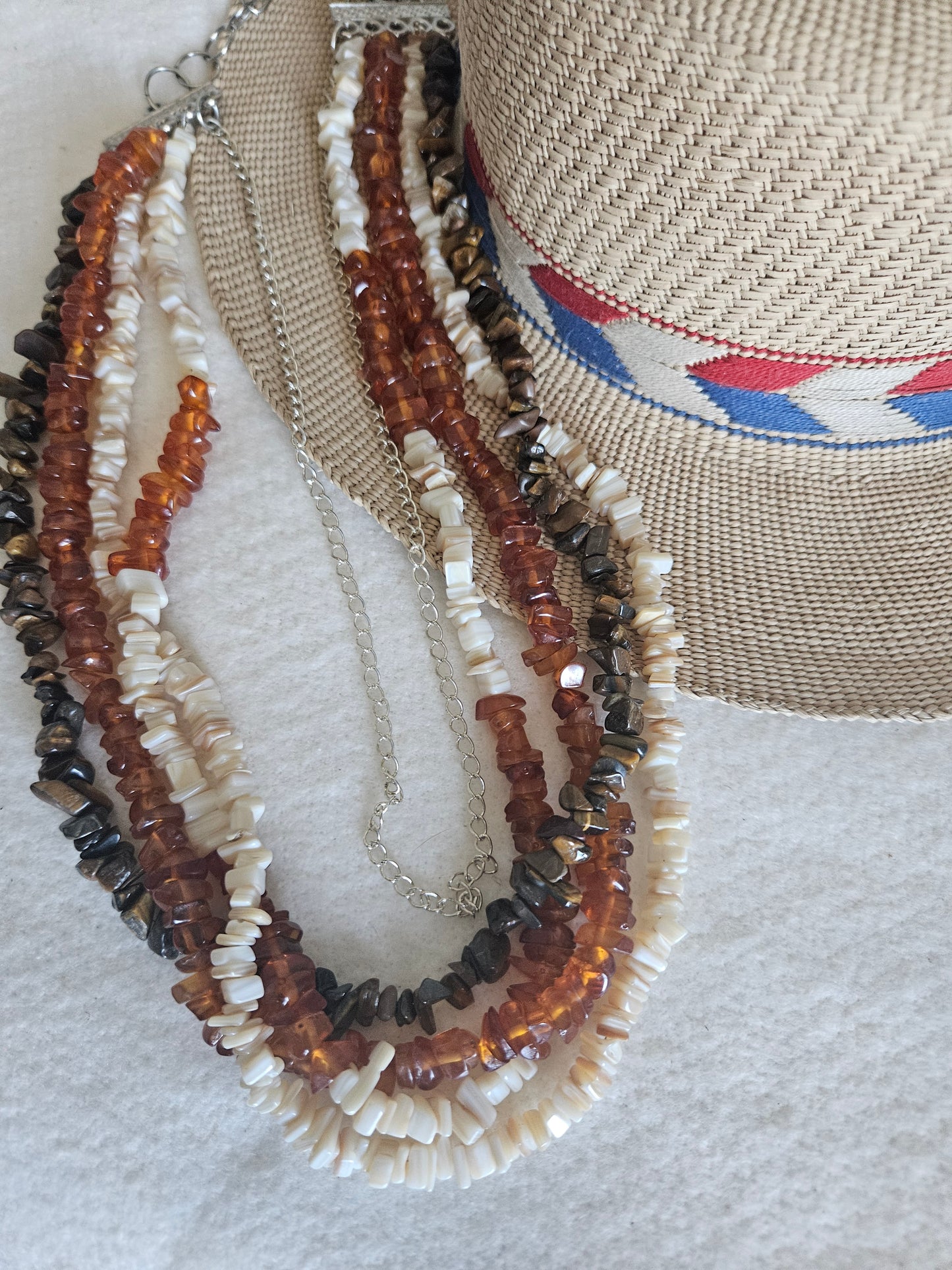 Multi Strand Coral and Tiger Eye Necklace