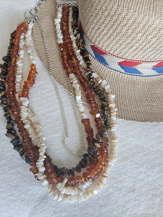 Multi Strand Coral and Tiger Eye Necklace