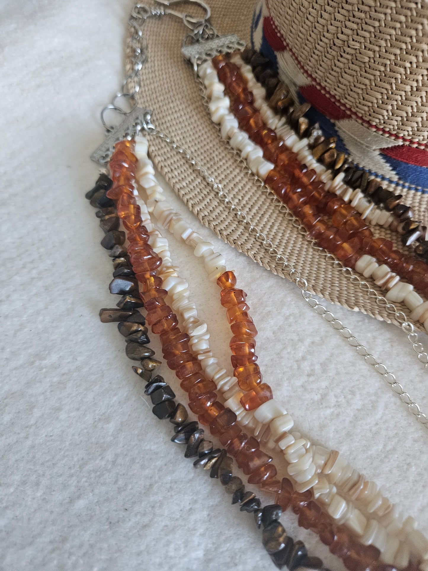 Multi Strand Coral and Tiger Eye Necklace