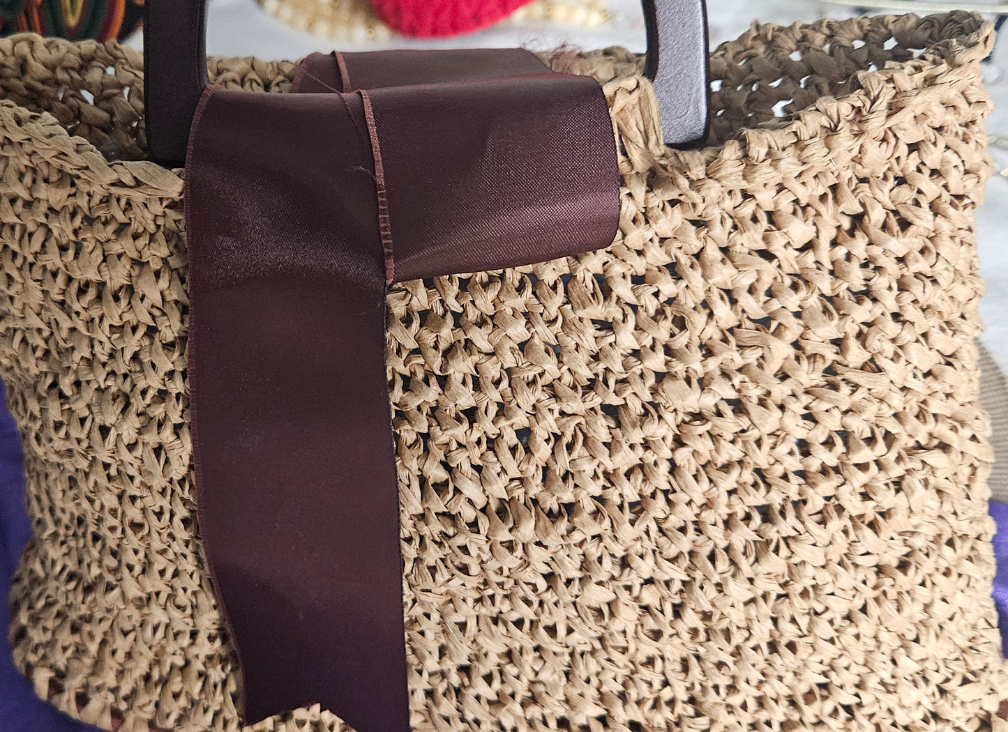 Brown Raffia Bucket Style Purse